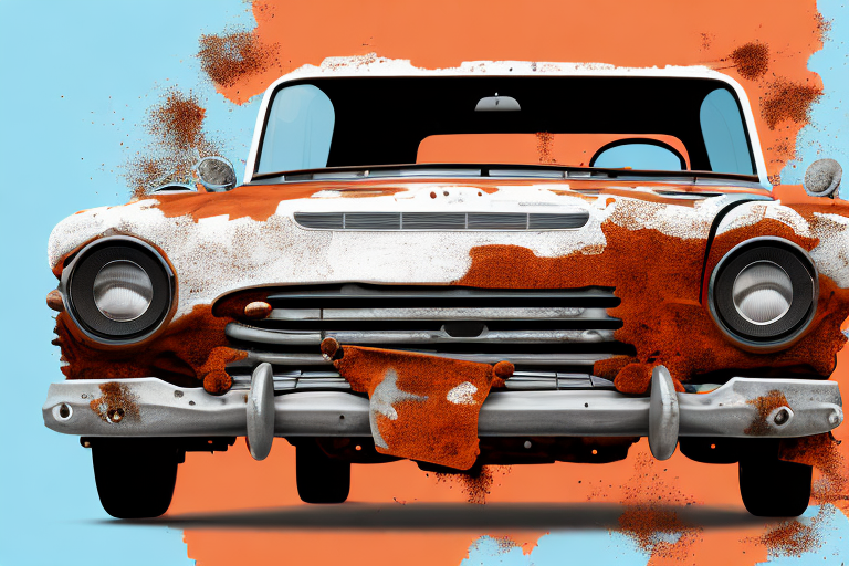 A car with visible rust spots being treated with various tools and products