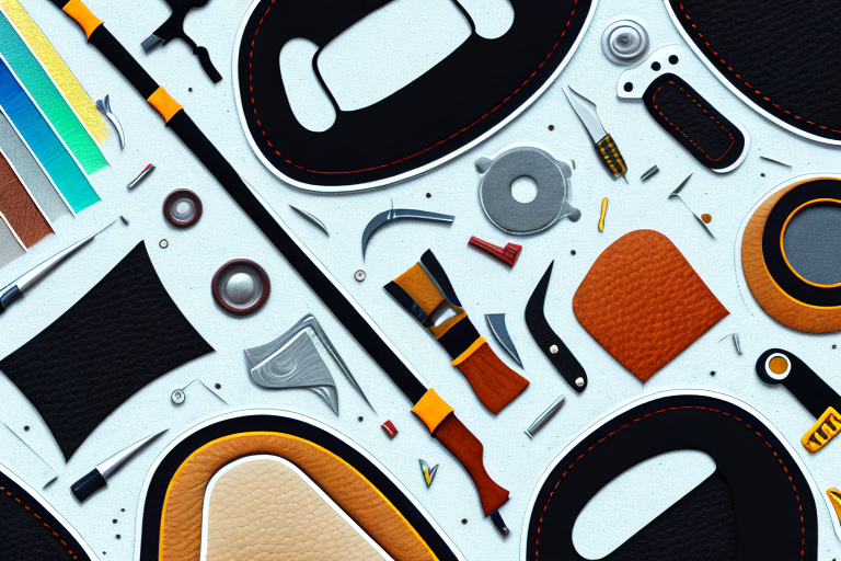 A car interior focusing on a leather seat with a repair kit nearby