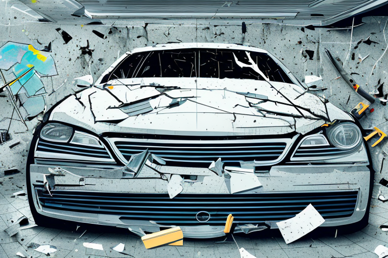 A damaged car in a garage with various repair tools scattered around
