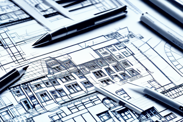 A traditional german building under construction with blueprints and a stamped approval document nearby