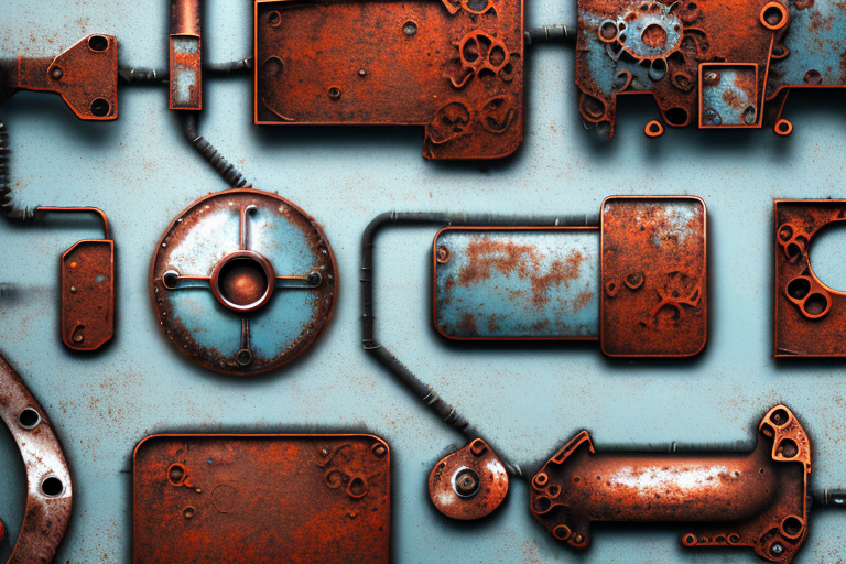 Various stages of rusted metal objects being treated with chemical solutions