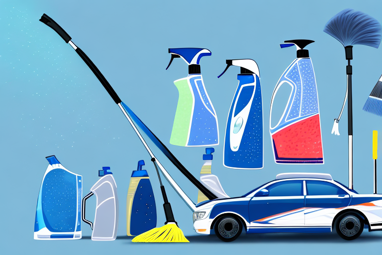 Several types of car windshield cleaners displayed next to a sparkling clean car windshield