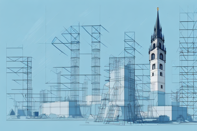 A picturesque postmünster landscape with a construction site featuring architectural blueprints and a building permit prominently displayed