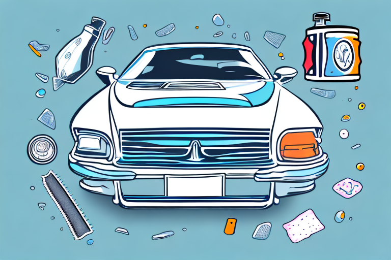 A car with a sticker on the surface and various tools like a hairdryer