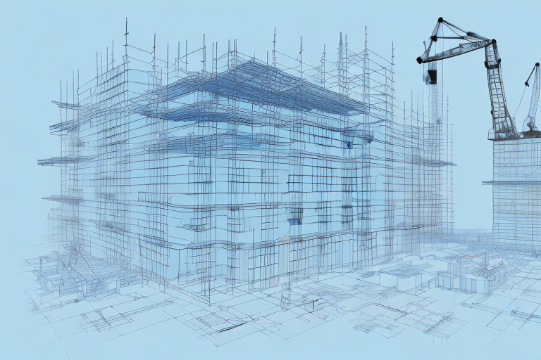 A construction site in perlin with various building tools and blueprints