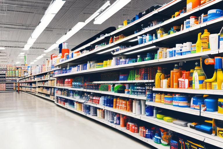 A hardware store aisle with shelves stocked with various products
