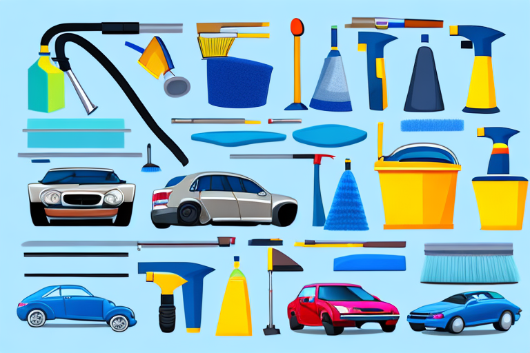 A variety of car cleaning tools like a bucket