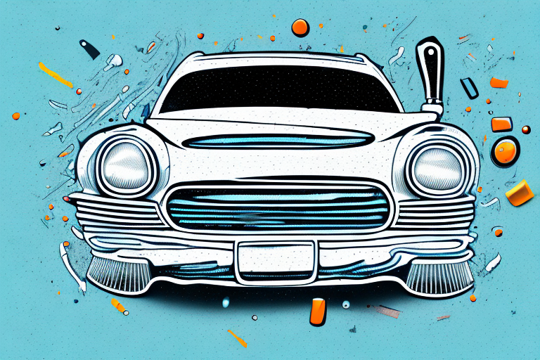 A car partially covered with glue stains with different tools like a scraper