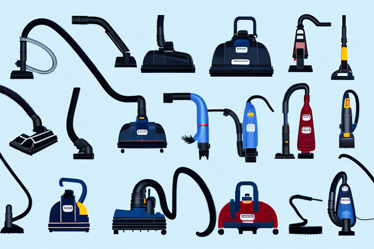 Several different models of wet-dry vacuum cleaners side by side for comparison