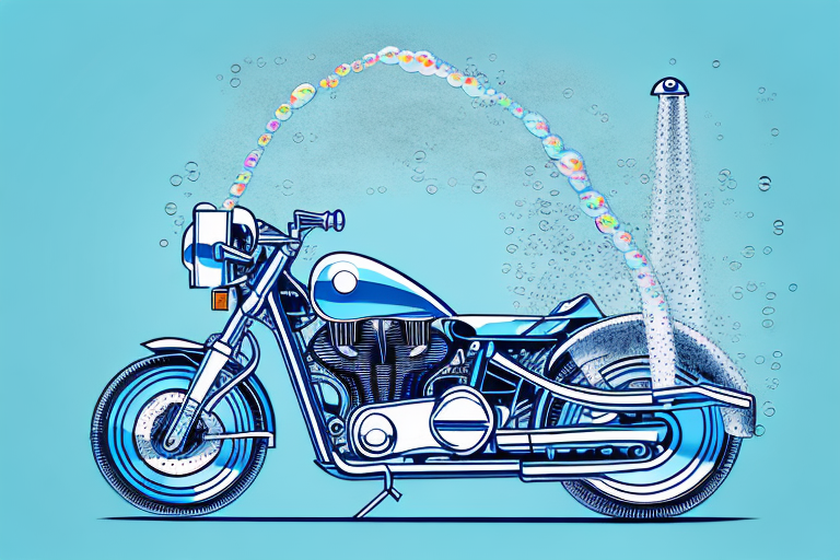 A motorcycle being sprayed with water and soap bubbles