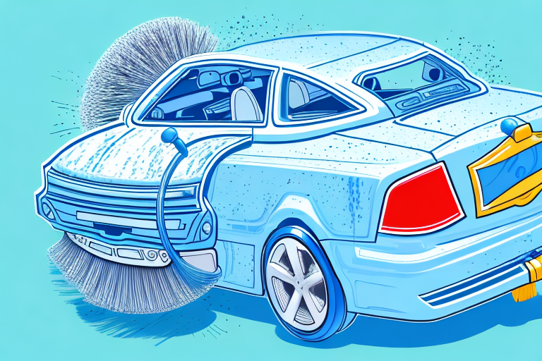 A plastic toy car being cleaned with a small brush and a bottle of cleaning solution nearby