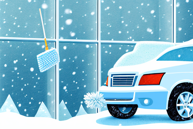 A car in a snowy landscape with a bucket of cleaning supplies and tools nearby