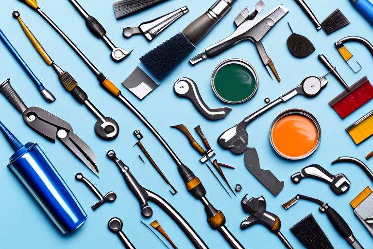 A comprehensive car paint repair kit with various tools and car paint bottles