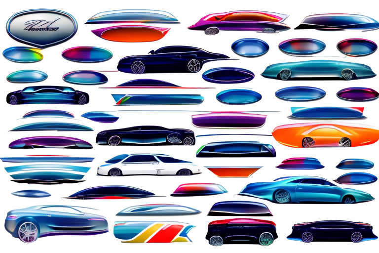 A variety of colorful and creative car decals on different parts of a sleek