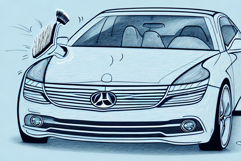 A car in a detailing shop with various tools and cleaning products around it