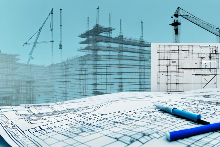 A construction site with architectural blueprints