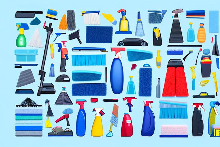 A professional cleaning equipment neatly arranged on a car seat