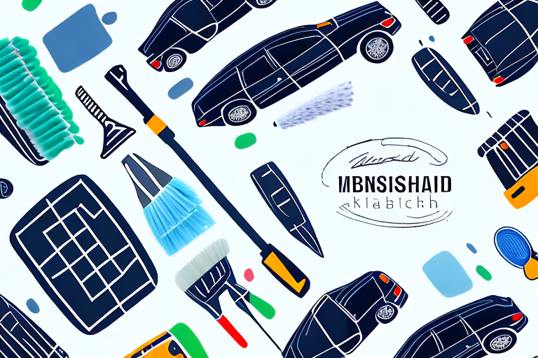 A car's dashboard with visible scratches and a set of cleaning tools nearby