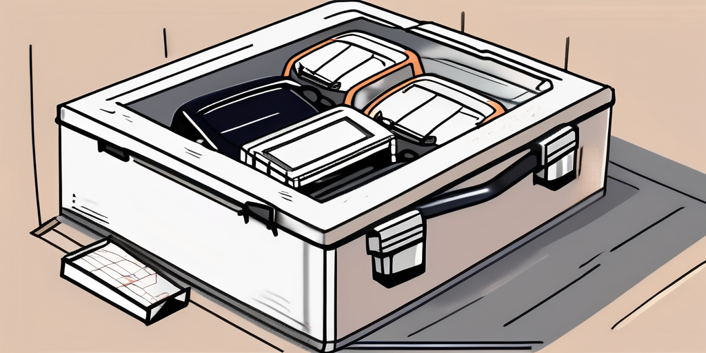 A car with detached license plates on top of a moving box