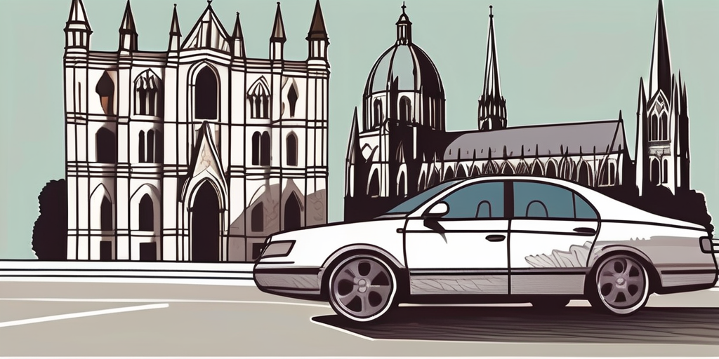 A car with a blank license plate parked in front of aachen's famous landmarks