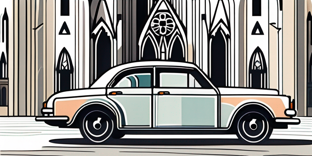 A car with an empty license plate parked in front of the iconic cologne cathedral