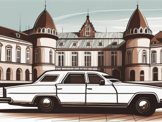 A car with a blank license plate parked in front of recognizable landmarks of düren