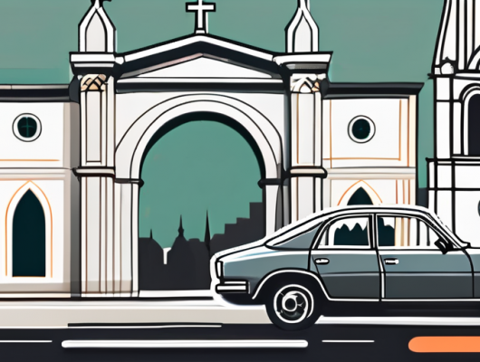 A car with a blank license plate parked in front of iconic landmarks of wittlich