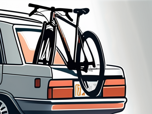 A bicycle rack attached to the back of a car with a number plate prominently displayed on it