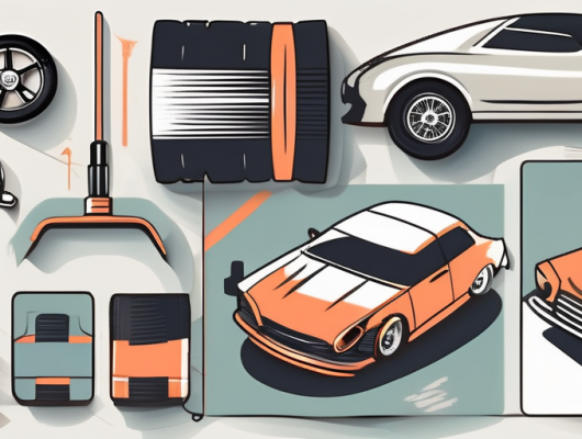 Various car-related items such as a vintage steering wheel