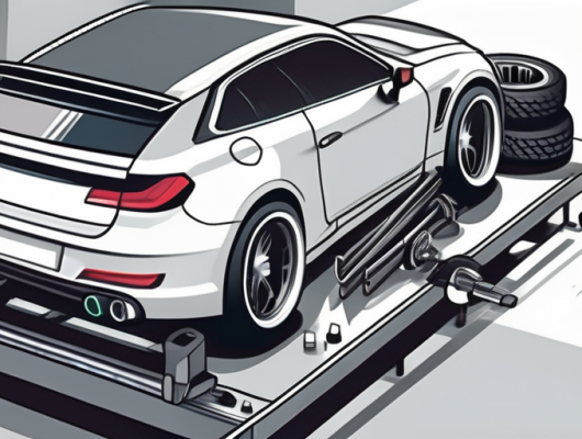 A car being upgraded with various tuning parts