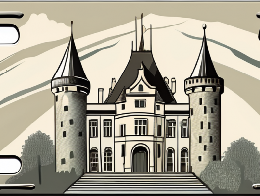 A car license plate with a stylized representation of the lippe region landmarks