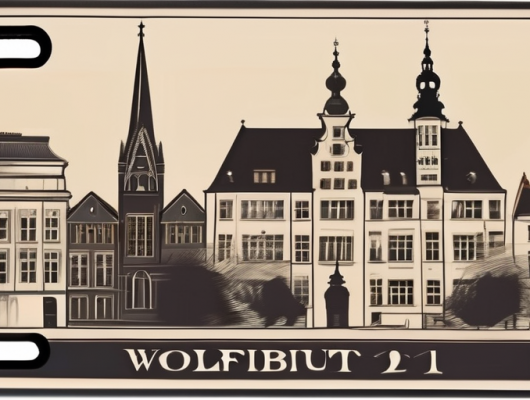 A vehicle license plate with the silhouette of wolfenbüttel landmarks in the background