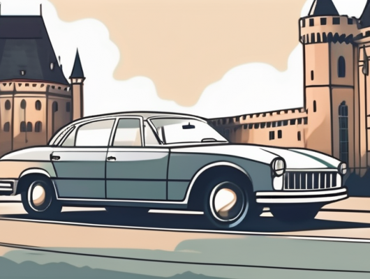 A car with a blank license plate parked in front of recognizable moers landmarks