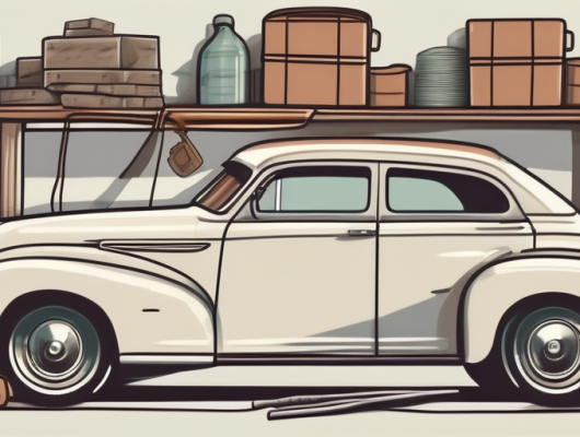 A vintage car parked in a garage