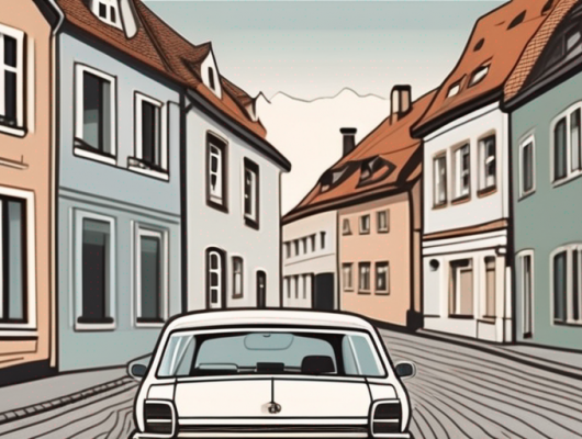 A car with an empty license plate parked in the quaint town of schwelm