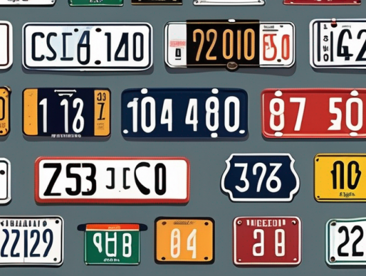 A variety of car license plates with different numbers and colors