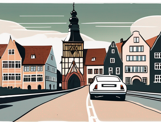 A car with a blank license plate parked in front of a picturesque scene of lüneburg