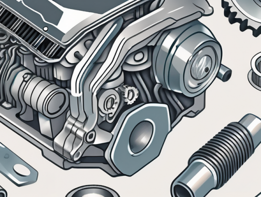 A car engine with various parts highlighted and a wrench lying nearby