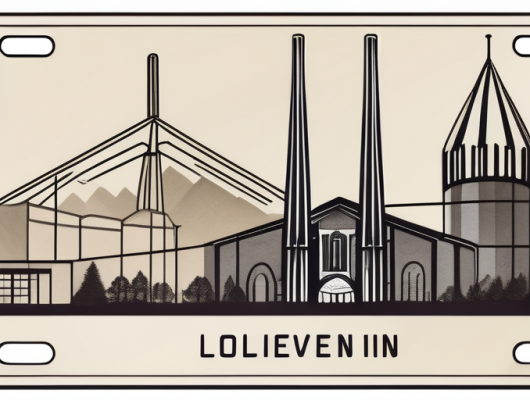 A vehicle registration plate with a stylized representation of essen's landmarks like zollverein coal mine industrial complex and essen cathedral