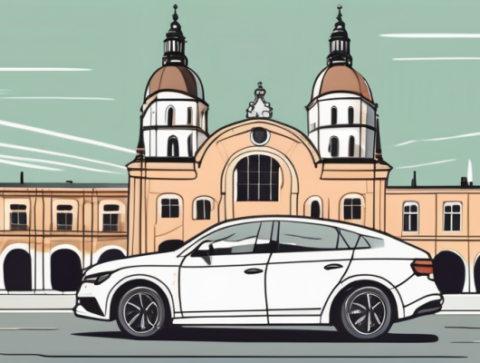 A car with an empty license plate parked in front of recognizable landmarks of augsburg city