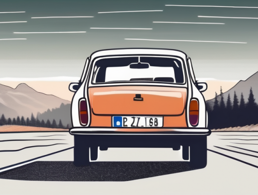 A car with an empty license plate parked in front of the scenic backdrop of segeberg