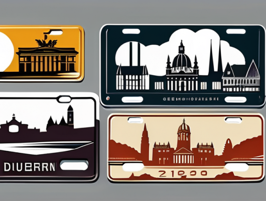 Various types of german license plates against the backdrop of düren's iconic landmarks