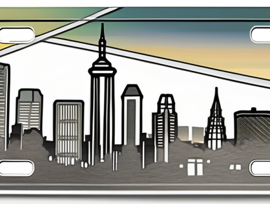 A car license plate with the dortmund city skyline subtly incorporated into its design