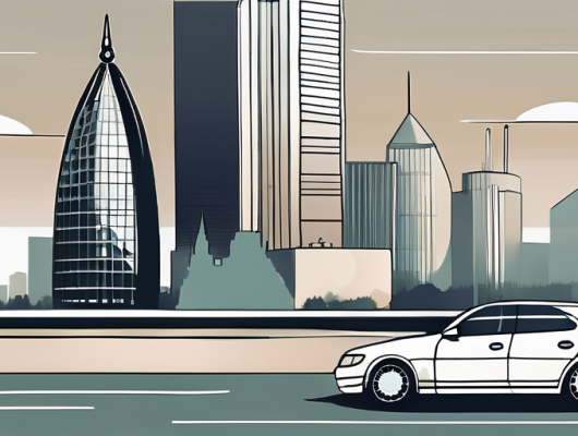 A car with a blank license plate parked in front of recognizable frankfurt landmarks like the römer or the frankfurt skyline