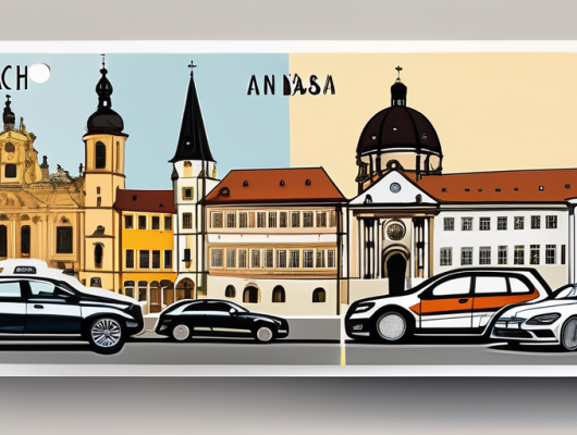 Various types of german car license plates against a backdrop of ansbach city landmarks like the residenz ansbach and the st. gumbertus church