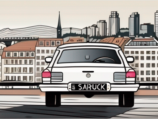 A car license plate with the saarbrücken cityscape in the background