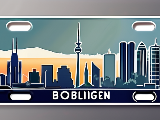 A car license plate with the böblingen city skyline in the background