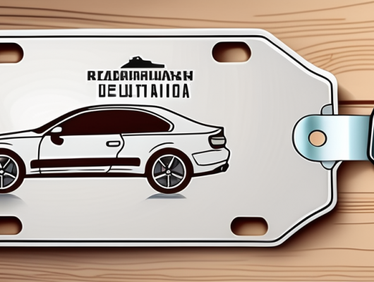 A german license plate with a registration seal and a car key next to it