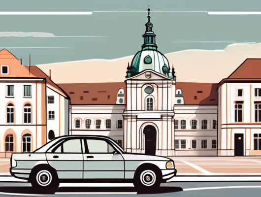 A car with a blank license plate parked in a picturesque scene of augsburg land