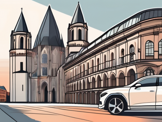 A car with a blank license plate parked in front of recognizable landmarks of trier